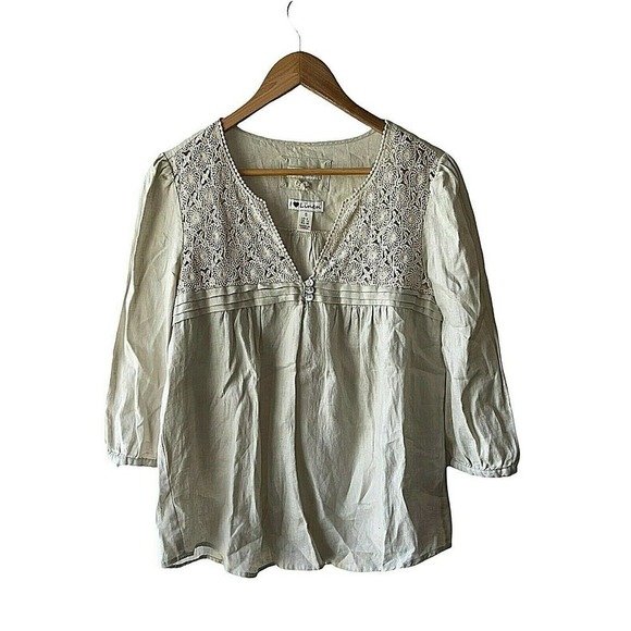 Malvin Hamburg Germany Size S Tan 100% Linen Crochet Embellished Top - Picture 1 of 5